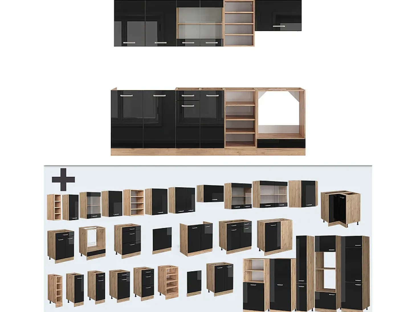 Mueble de cocina roble negro/dorado de alto brillo 240x60x81.6 r-line