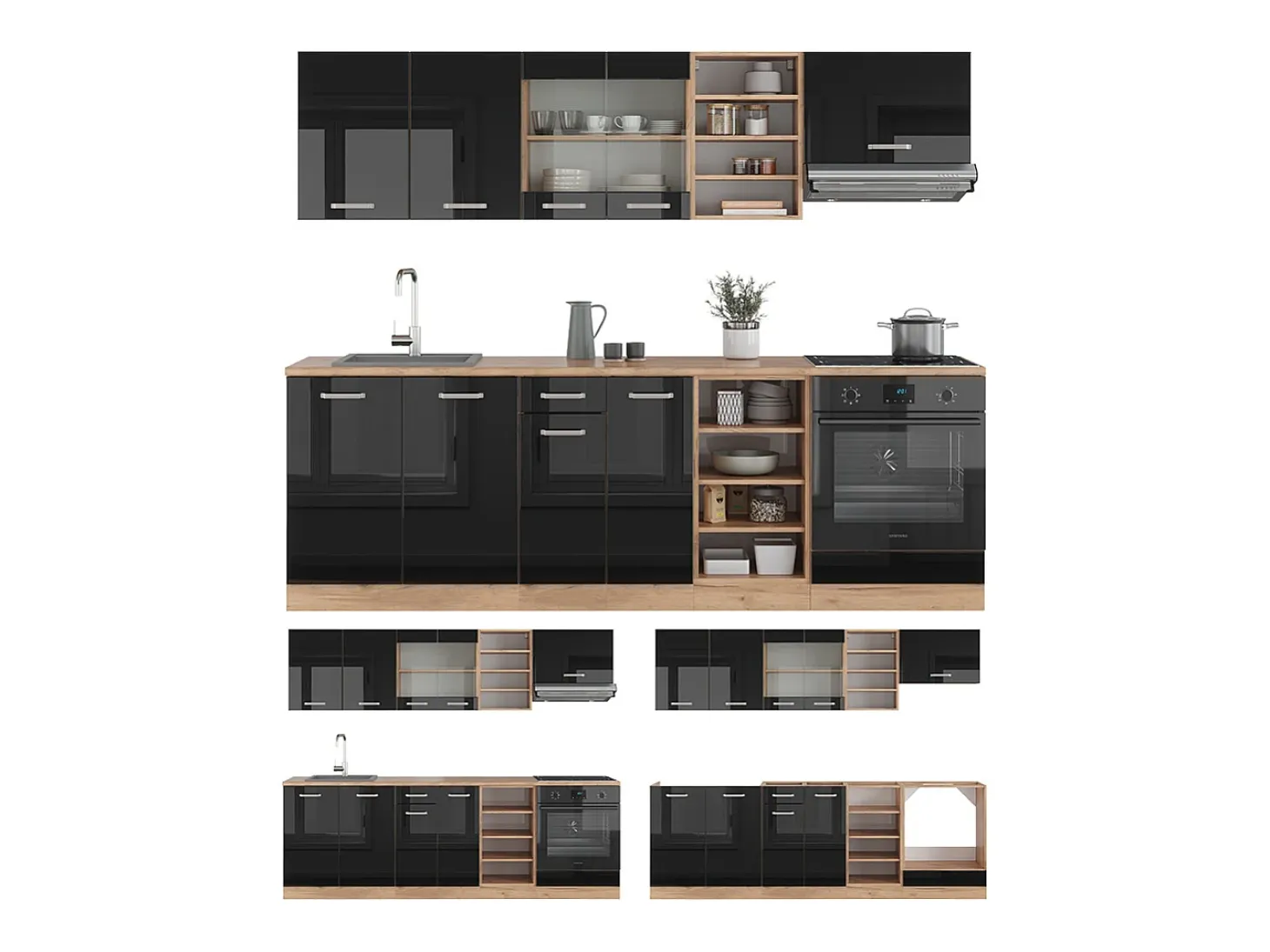 Mueble de cocina roble negro/dorado de alto brillo 240x60x81.6 r-line