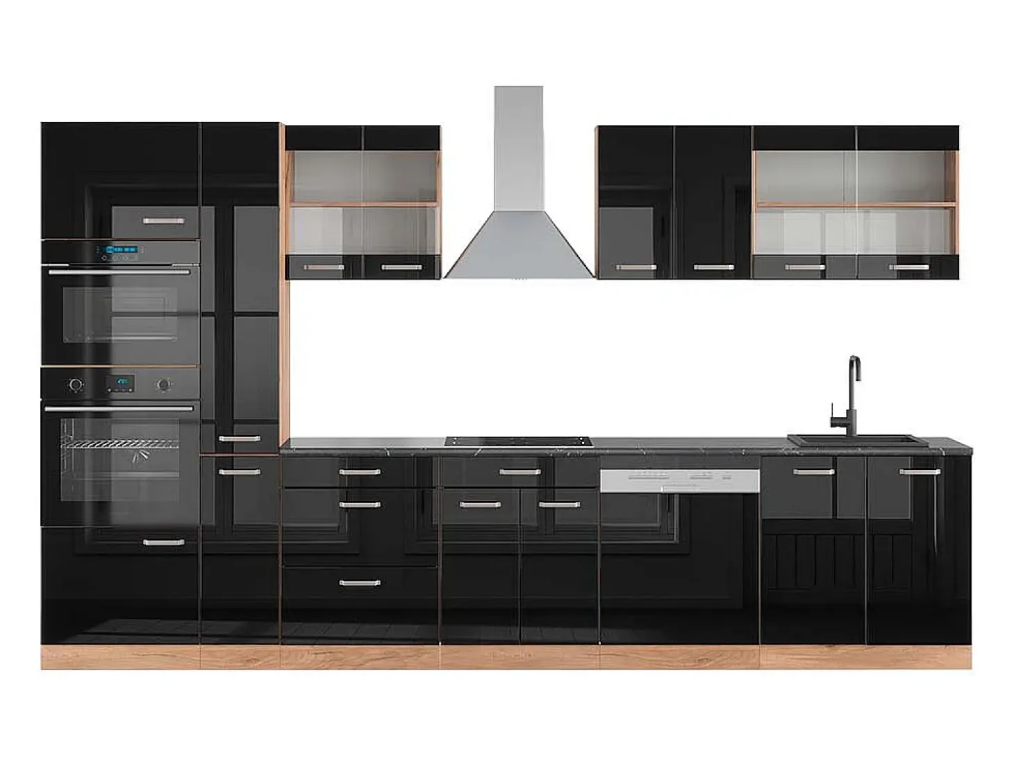 Mueble de cocina roble negro/dorado de alto brillo 350x60x81.6 r-line