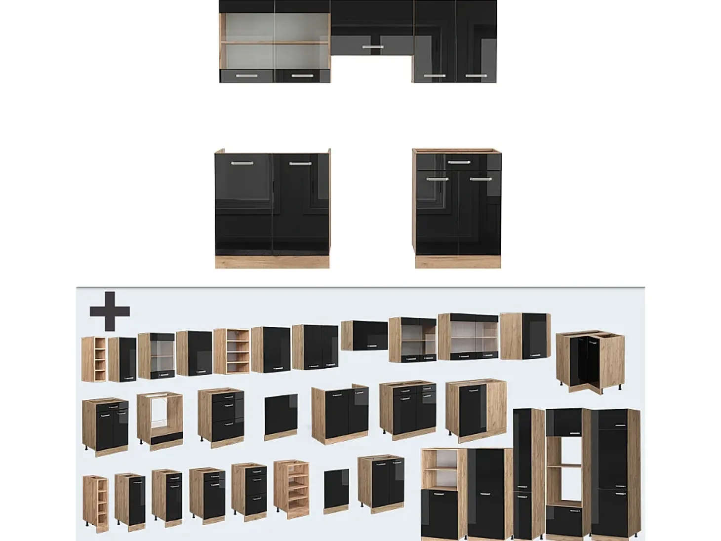 Mueble de cocina roble negro/dorado de alto brillo 200x60x81.6 r-line