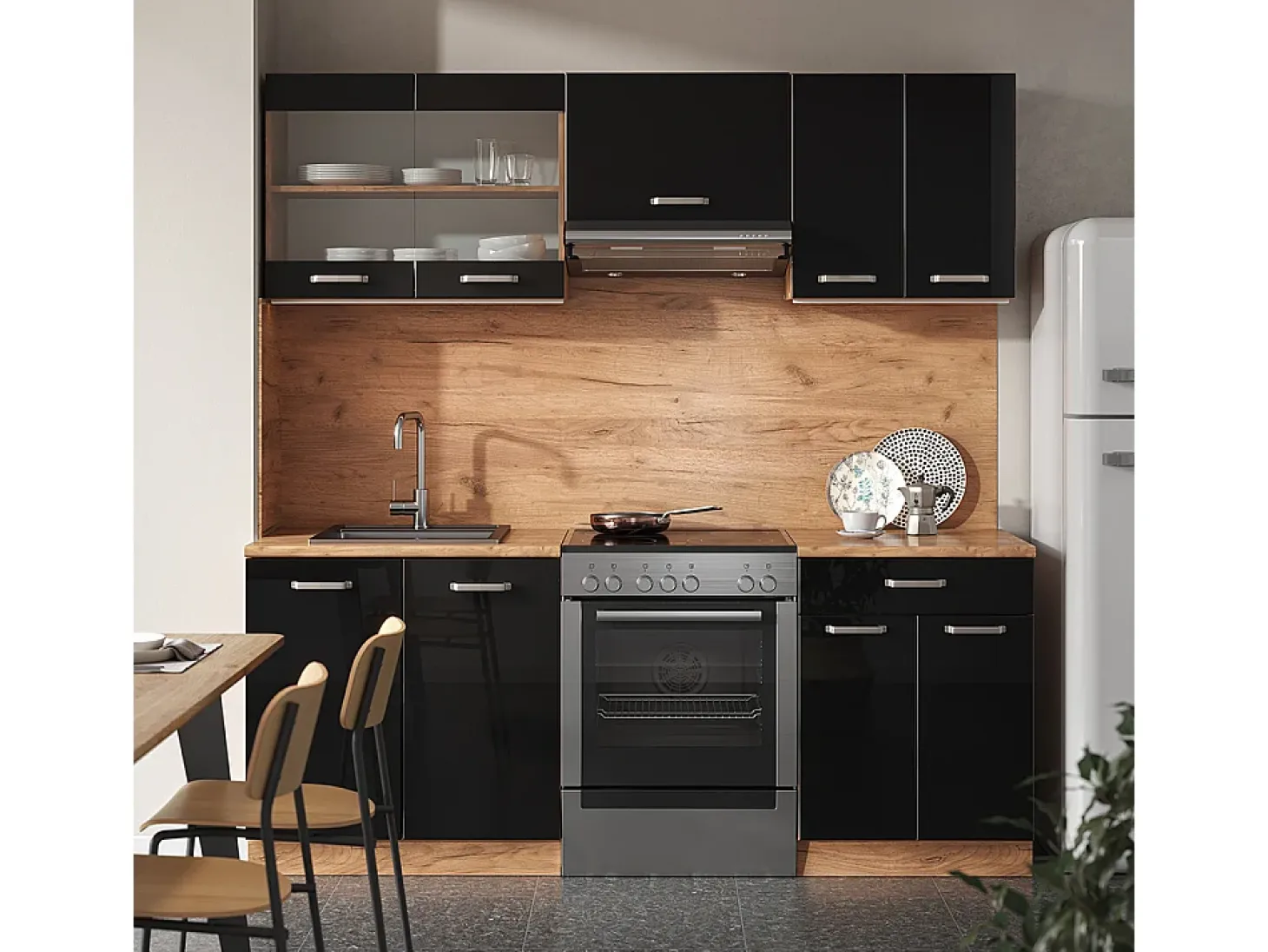 Mueble de cocina roble negro/dorado de alto brillo 200x60x81.6 r-line
