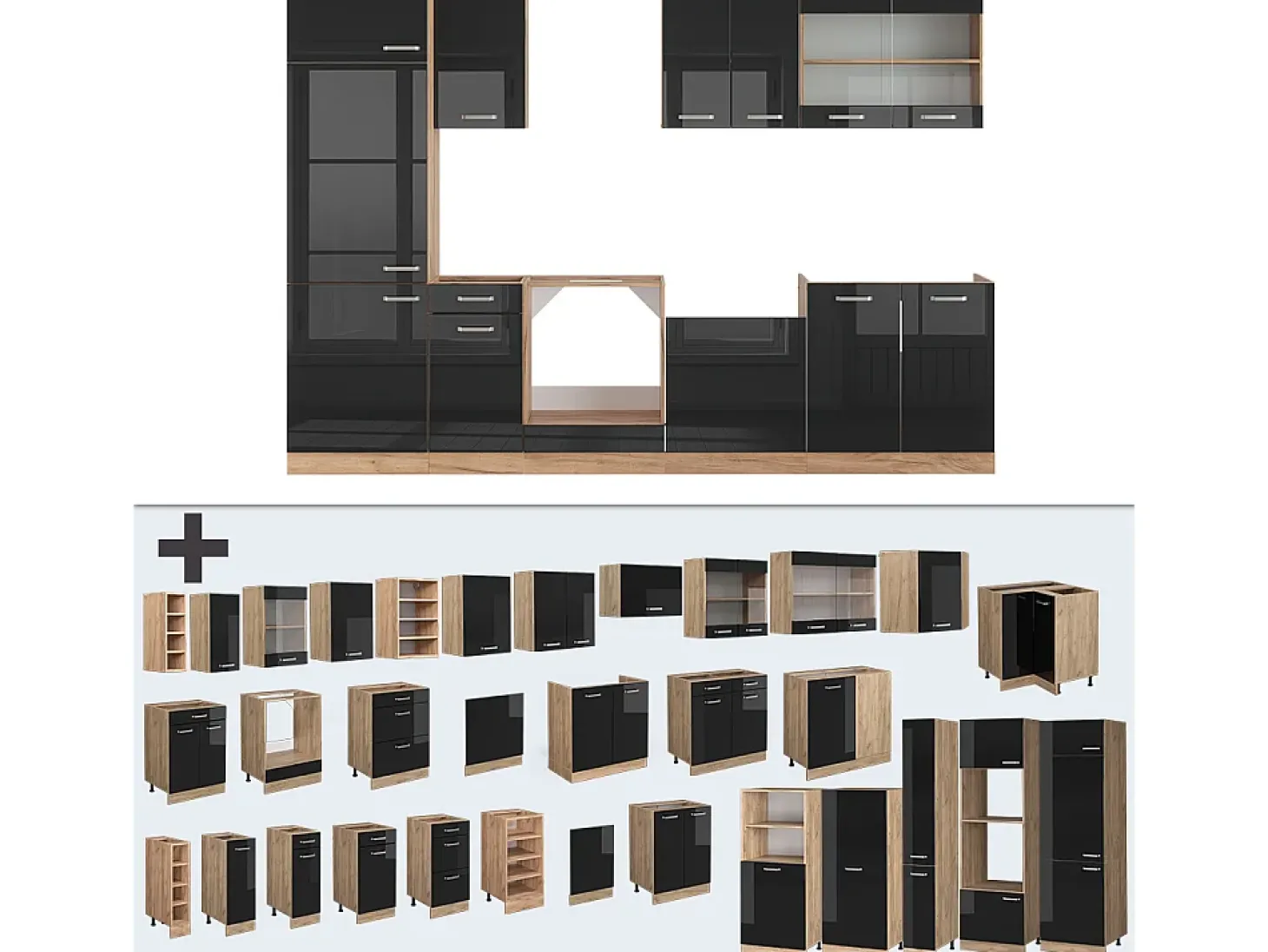 Mueble de cocina roble negro/dorado de alto brillo 300x60x81.6 r-line