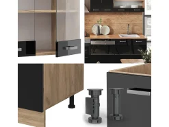 Mueble de cocina roble negro/dorado de alto brillo 300x46x81.6 r-line