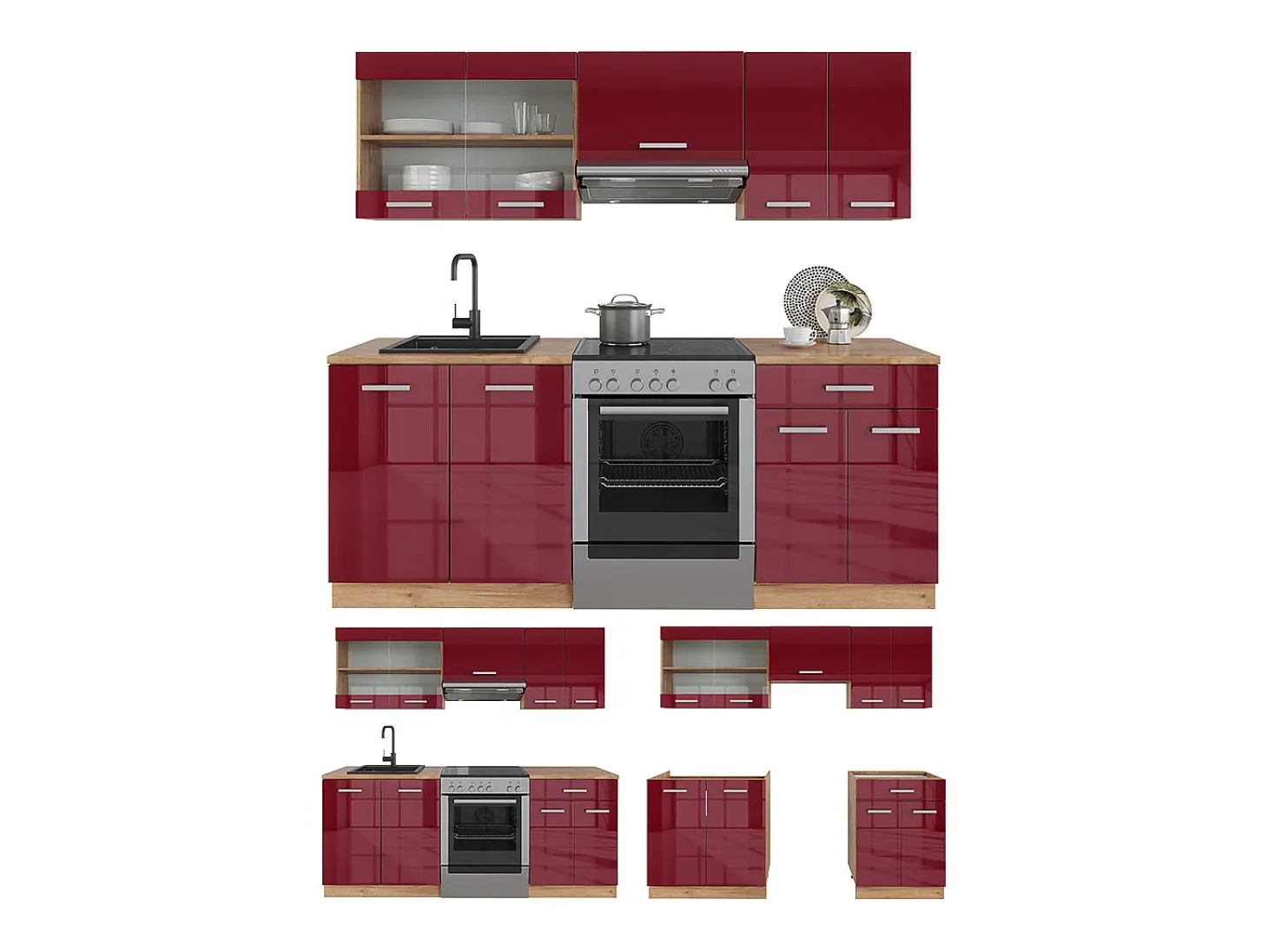 Mueble de cocina rojo brillo intenso/roble dorado 200x60x81.6 r-line