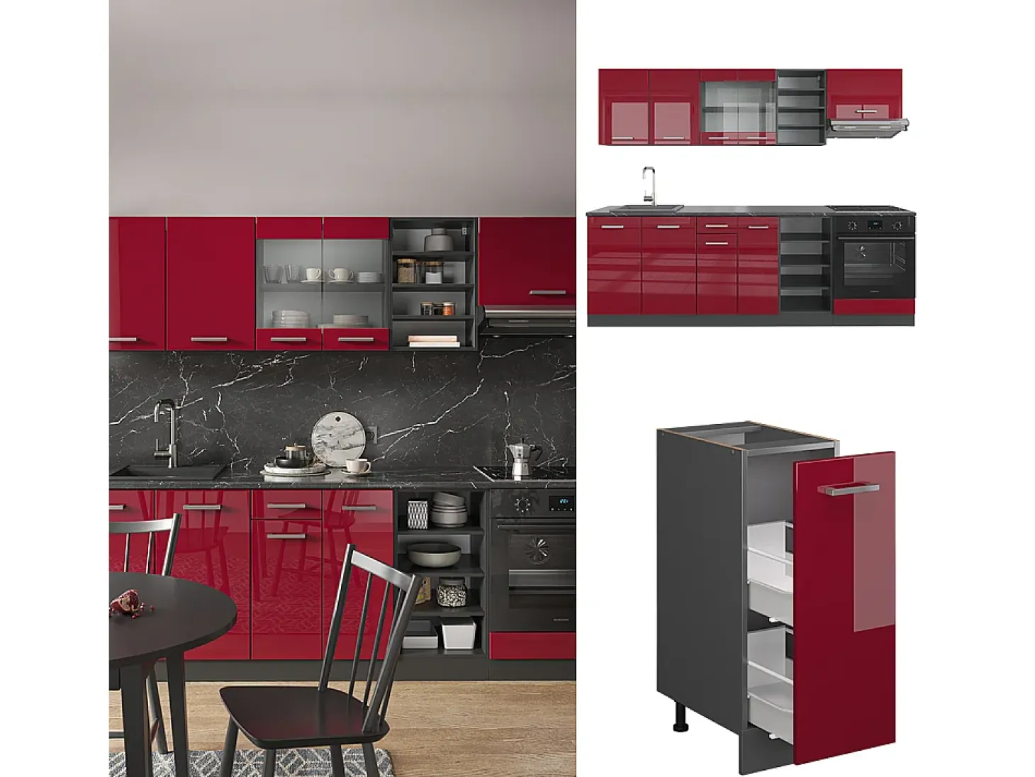 Mueble de cocina rojo brillo intenso/antracita 240x60x81.6 r-line