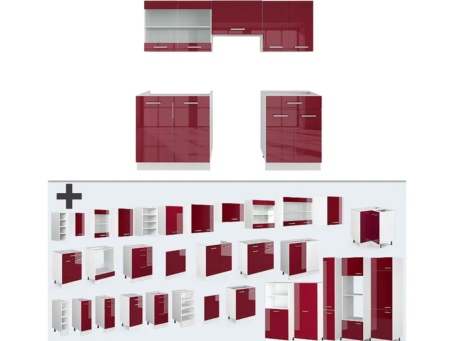 Mueble de cocina rojo brillo intenso/blanco 200x60x81.6 r-line