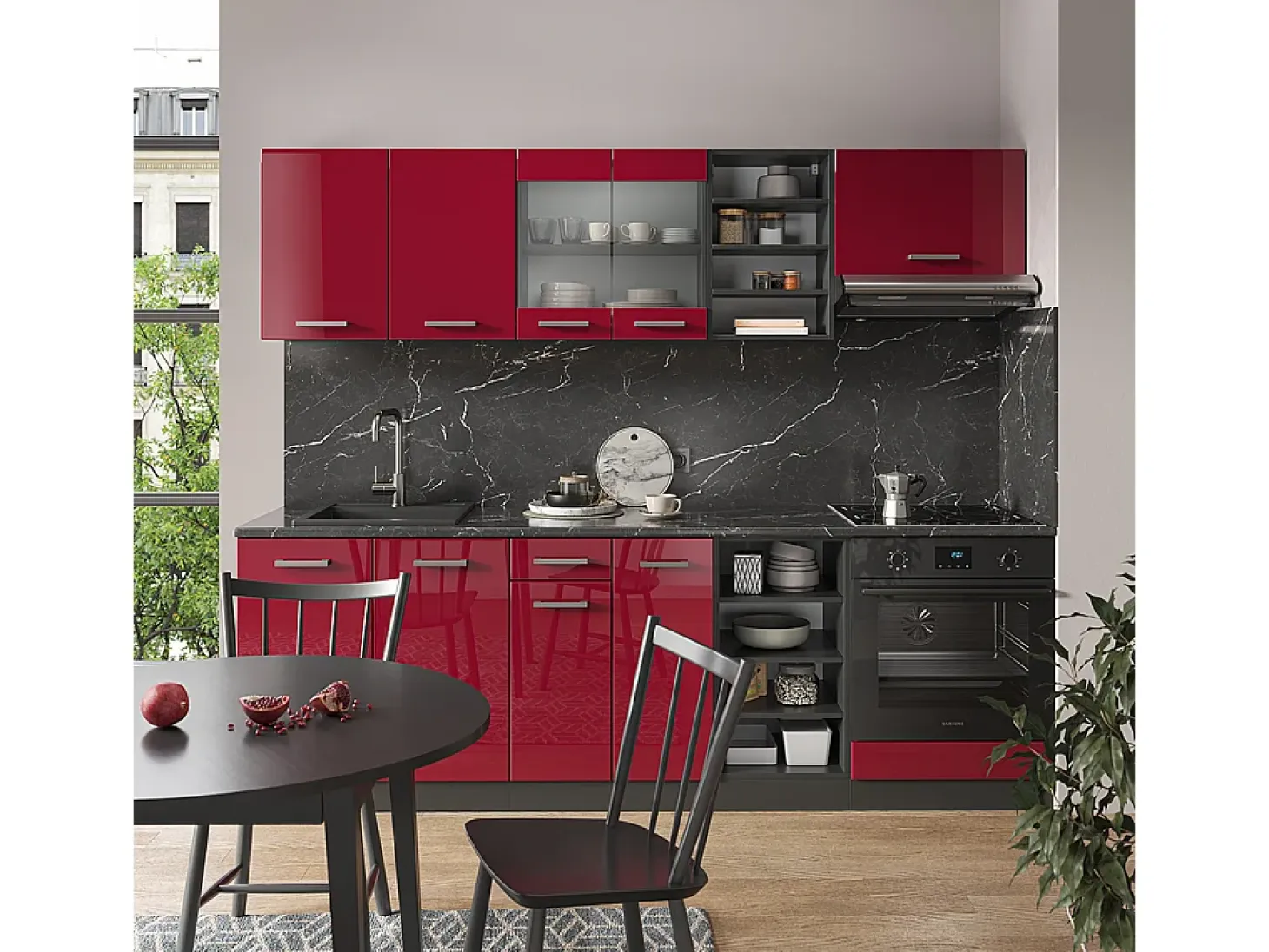 Mueble de cocina rojo brillo intenso/antracita 240x60x81.6 r-line