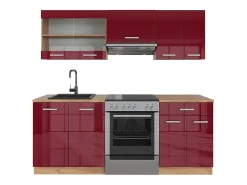 Mueble de cocina rojo brillo intenso/roble dorado 200x46x81.6 r-line