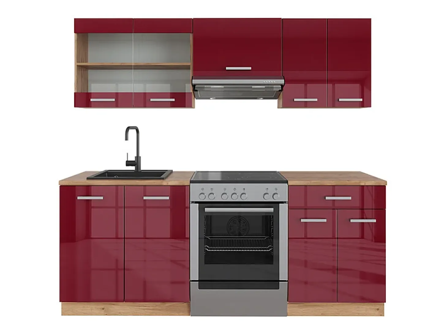Mueble de cocina rojo brillo intenso/roble dorado 200x46x81.6 r-line
