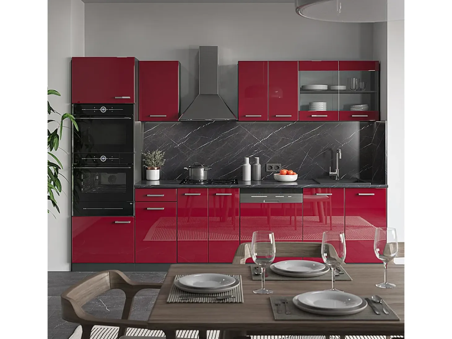 Mueble de cocina rojo brillo intenso/antracita 300x60x81.6 r-line