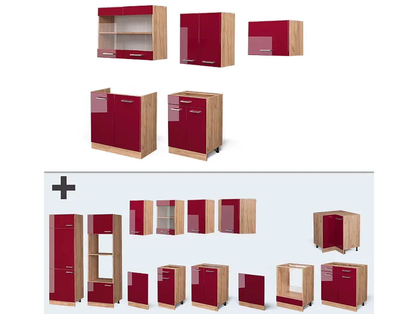 Mueble de cocina rojo brillo intenso/roble dorado 200x60x81.6 r-line