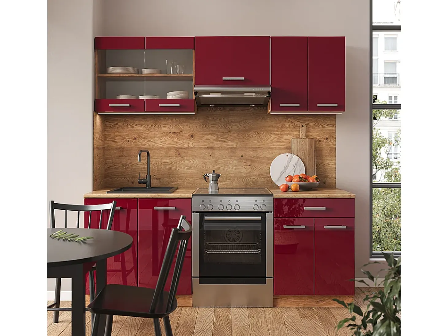Mueble de cocina rojo brillo intenso/roble dorado 200x60x81.6 r-line