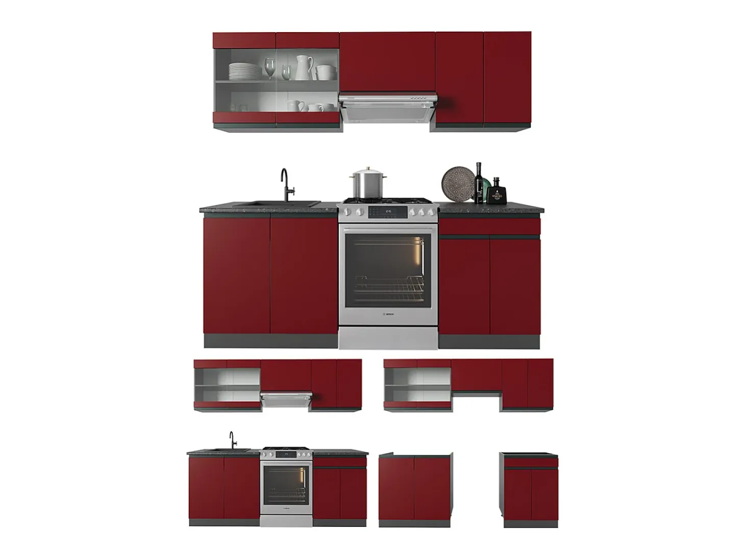 Mueble de cocina rojo/antracita 200x60x81.6 r-line