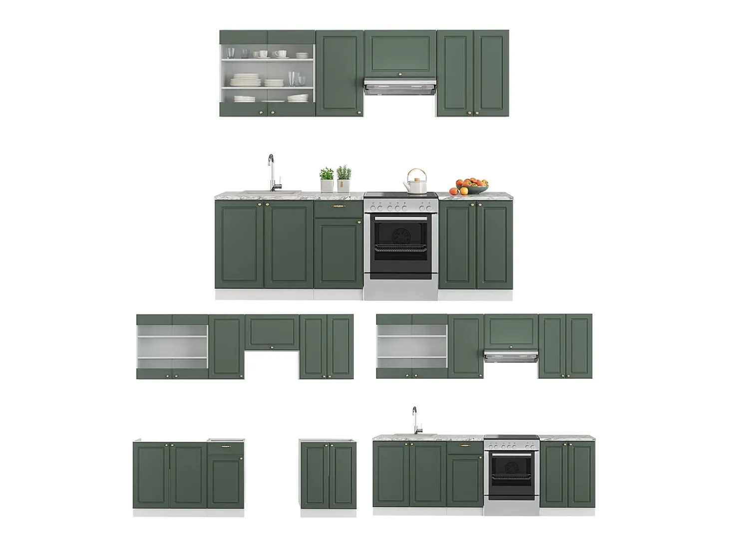 Mueble de cocina verde-dorado casa de campo/blanco 240x60x81.6 fame-line