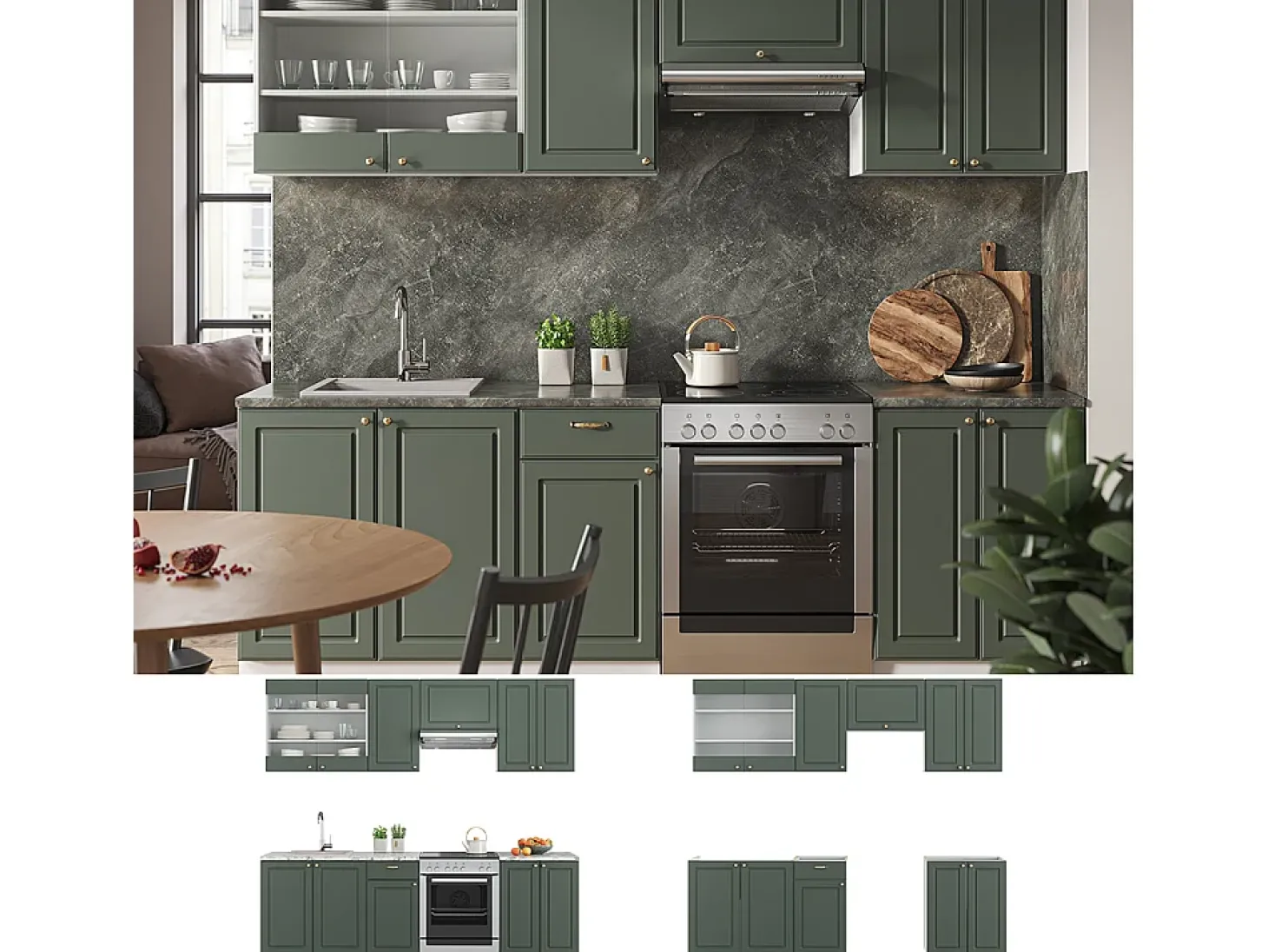 Mueble de cocina verde-dorado casa de campo/blanco 240x60x81.6 fame-line