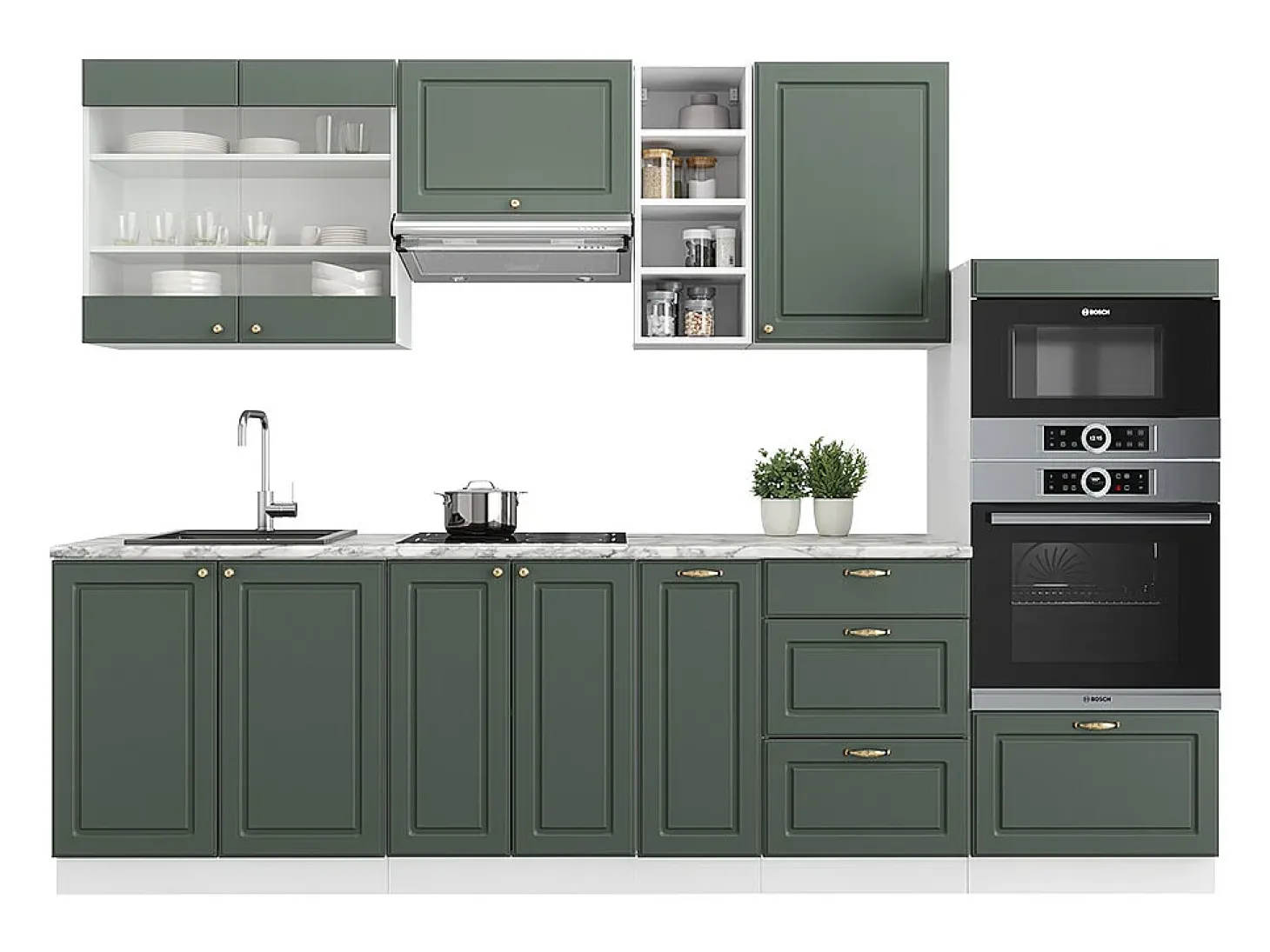 Mueble de cocina verde-dorado casa de campo/blanco 280x46x81.6 fame-line