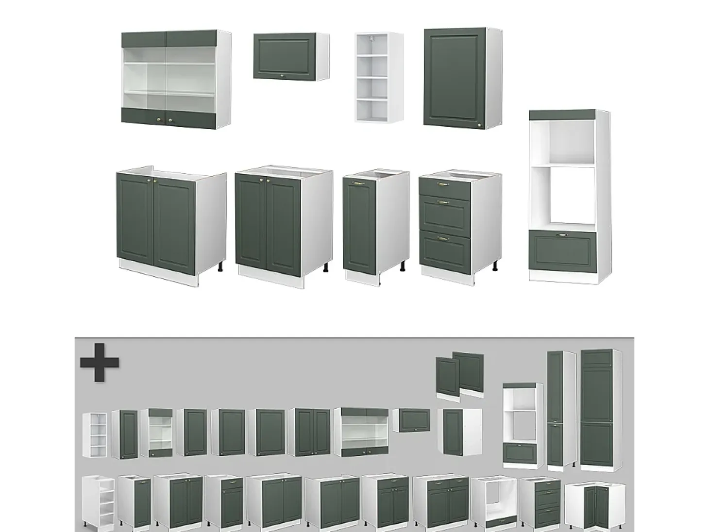 Mueble de cocina verde-dorado casa de campo/blanco 280x46x81.6 fame-line