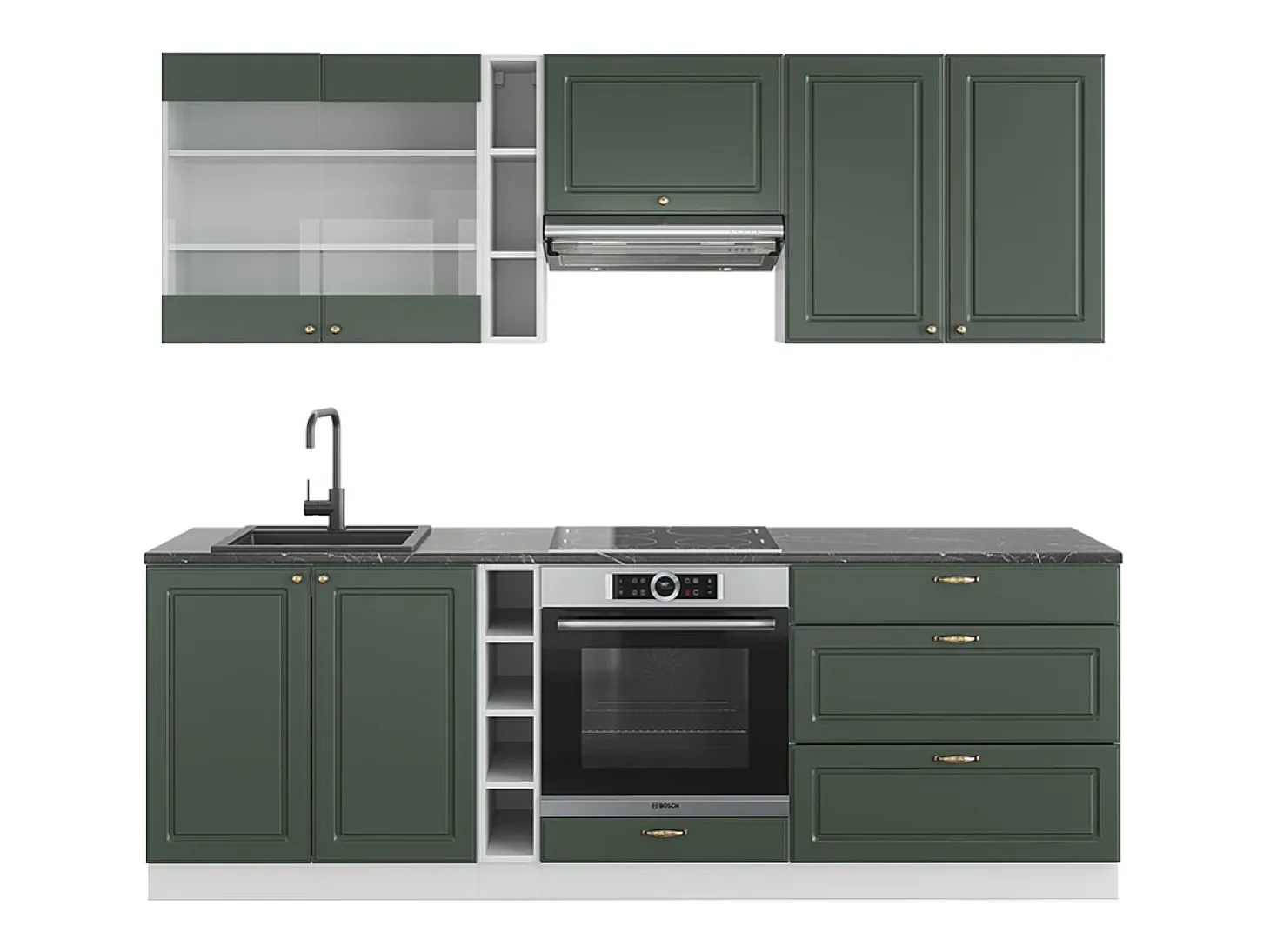 Mueble de cocina verde-dorado casa de campo/blanco 235x46x81.6 fame-line