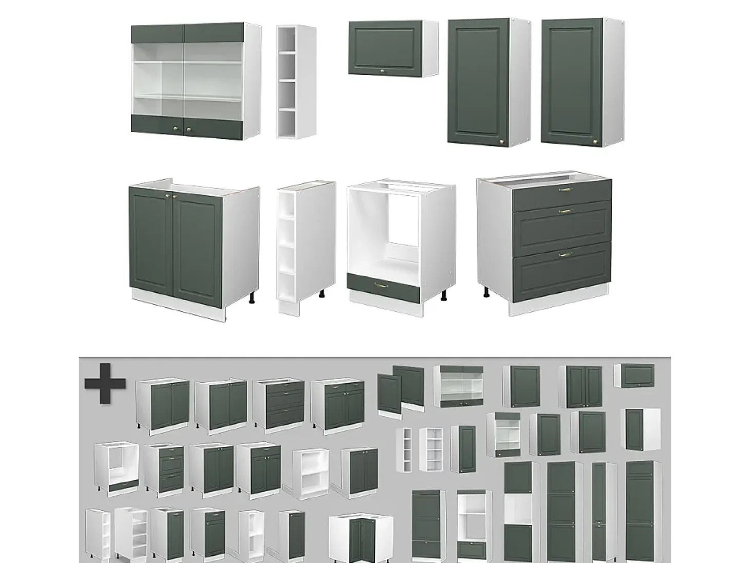 Mueble de cocina verde-dorado casa de campo/blanco 235x46x81.6 fame-line