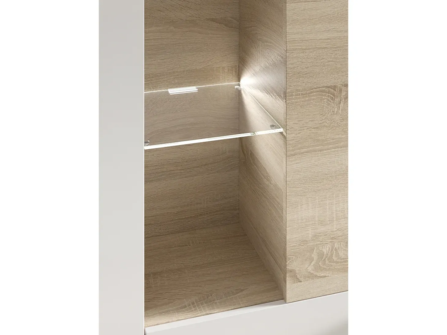 Mueble de TV con Leds Acabado en Blanco Brillo y Roble Canadian - Dim: 260 cm (Ancho) x 185 cm (Alto) x 42 cm (Fondo)