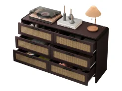 Mueble esquinero de ratán con 6 cajones, madera maciza, color marrón rojizo (130 x 40 x 74 cm)