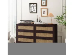 Mueble esquinero de ratán con 6 cajones, madera maciza, color marrón rojizo (130 x 40 x 74 cm)