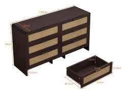 Mueble esquinero de ratán con 6 cajones, madera maciza, color marrón rojizo (130 x 40 x 74 cm)