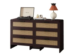 Mueble esquinero de ratán con 6 cajones, madera maciza, color marrón rojizo (130 x 40 x 74 cm)