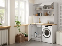 Mueble multifunción - Con encimera de 120 cm - Blanco y natural - CARMEO