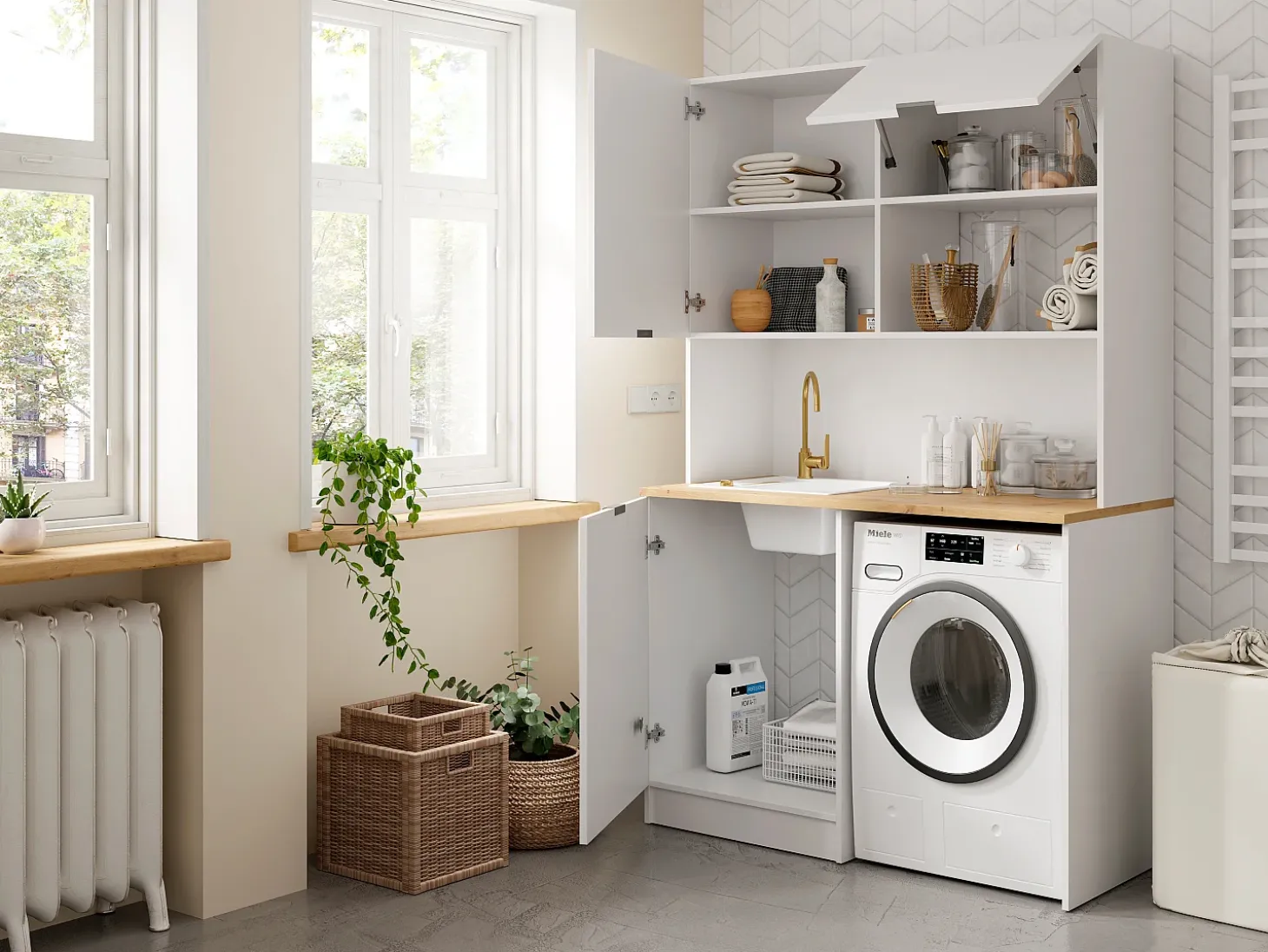 Mueble multifunción - Con encimera de 120 cm - Blanco y natural - CARMEO