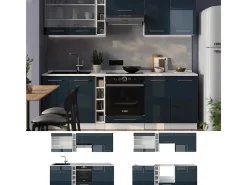 Muebles de cocina azul oscuro alto brillo/blanco 235x46x81.6 fame-line