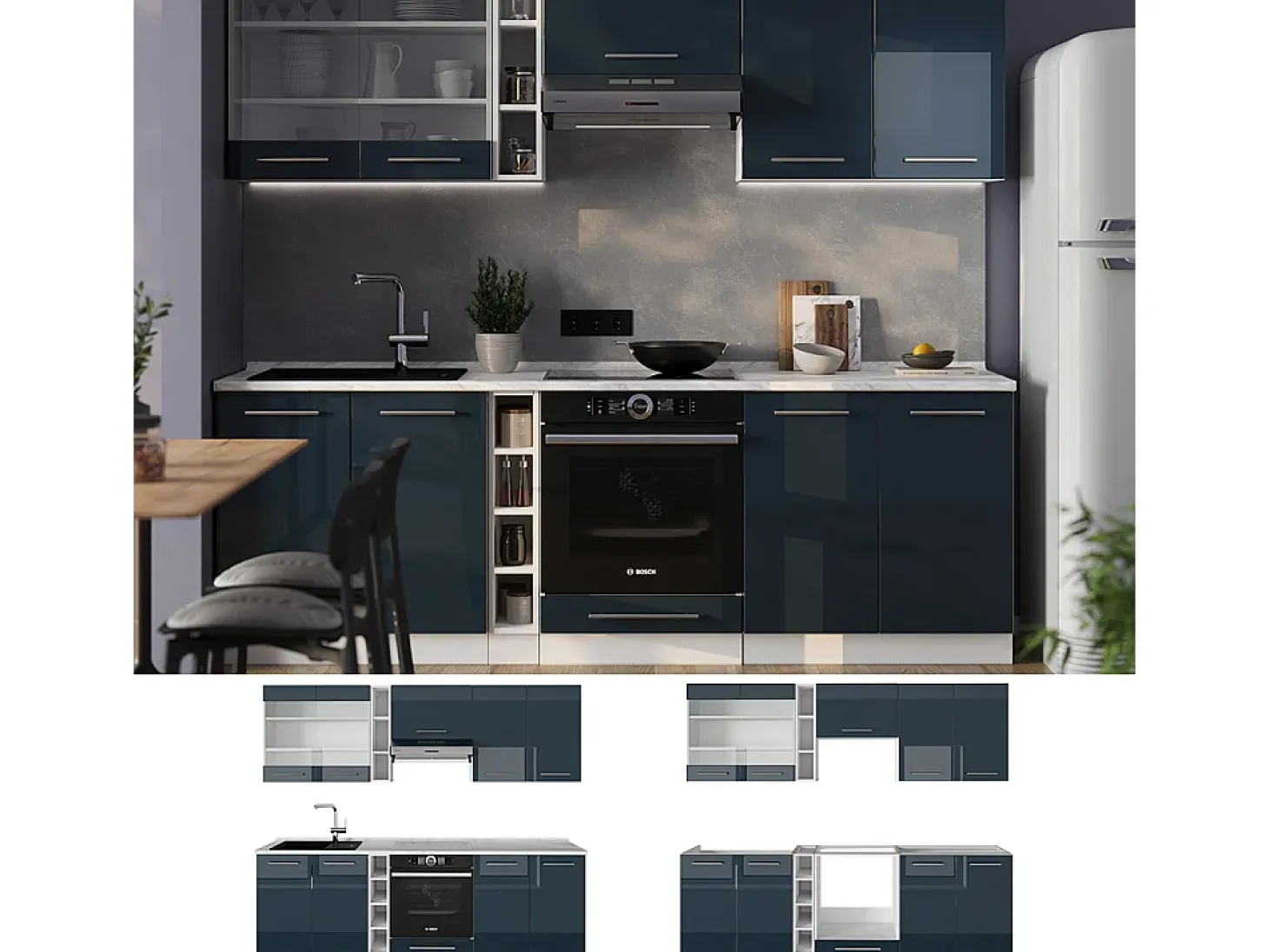 Muebles de cocina azul oscuro alto brillo/blanco 235x46x81.6 fame-line