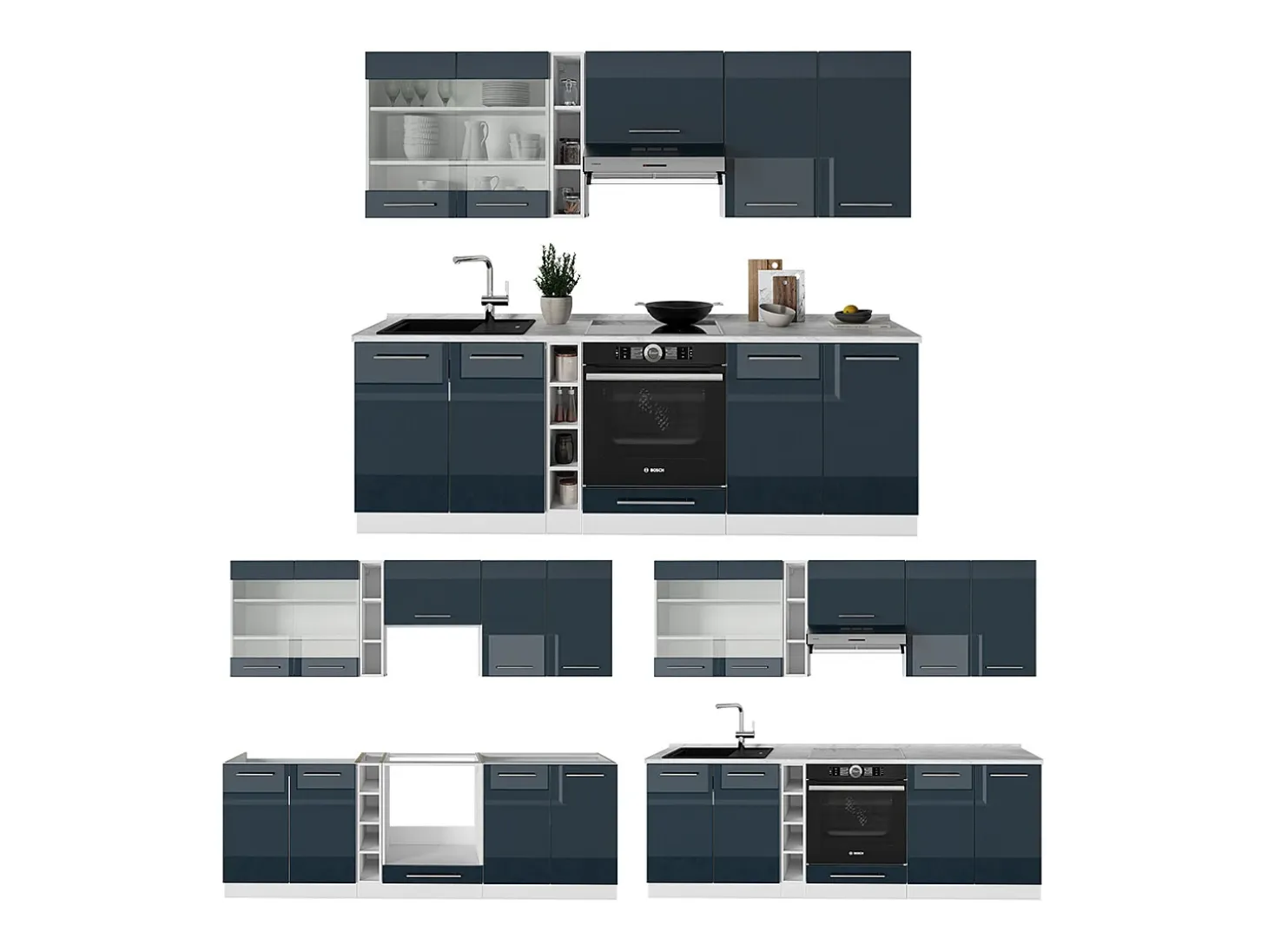 Muebles de cocina azul oscuro alto brillo/blanco 235x46x81.6 fame-line