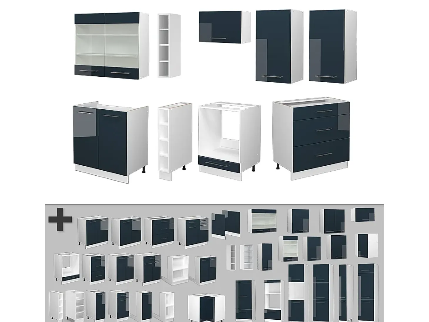 Muebles de cocina azul oscuro alto brillo/blanco 235x46x81.6 fame-line