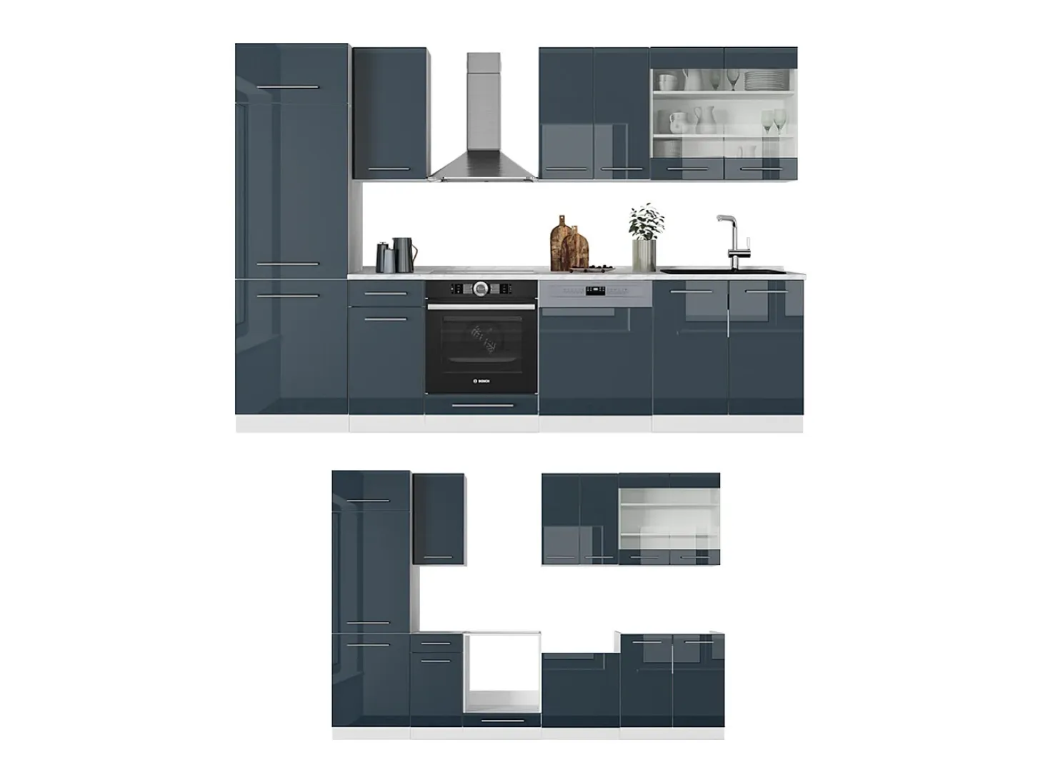Muebles de cocina azul oscuro alto brillo/blanco 300x46x81.6 fame-line