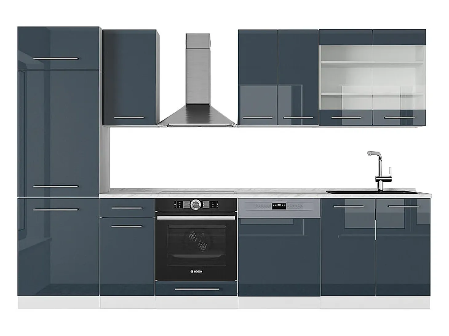 Muebles de cocina azul oscuro alto brillo/blanco 300x46x81.6 fame-line