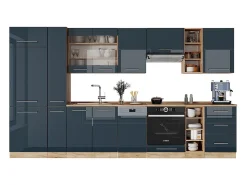 Muebles de cocina azul oscuro alto brillo/roble dorado 355x46x81.6 fame-line