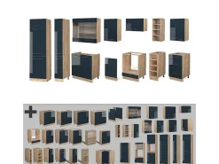 Muebles de cocina azul oscuro alto brillo/roble dorado 355x46x81.6 fame-line