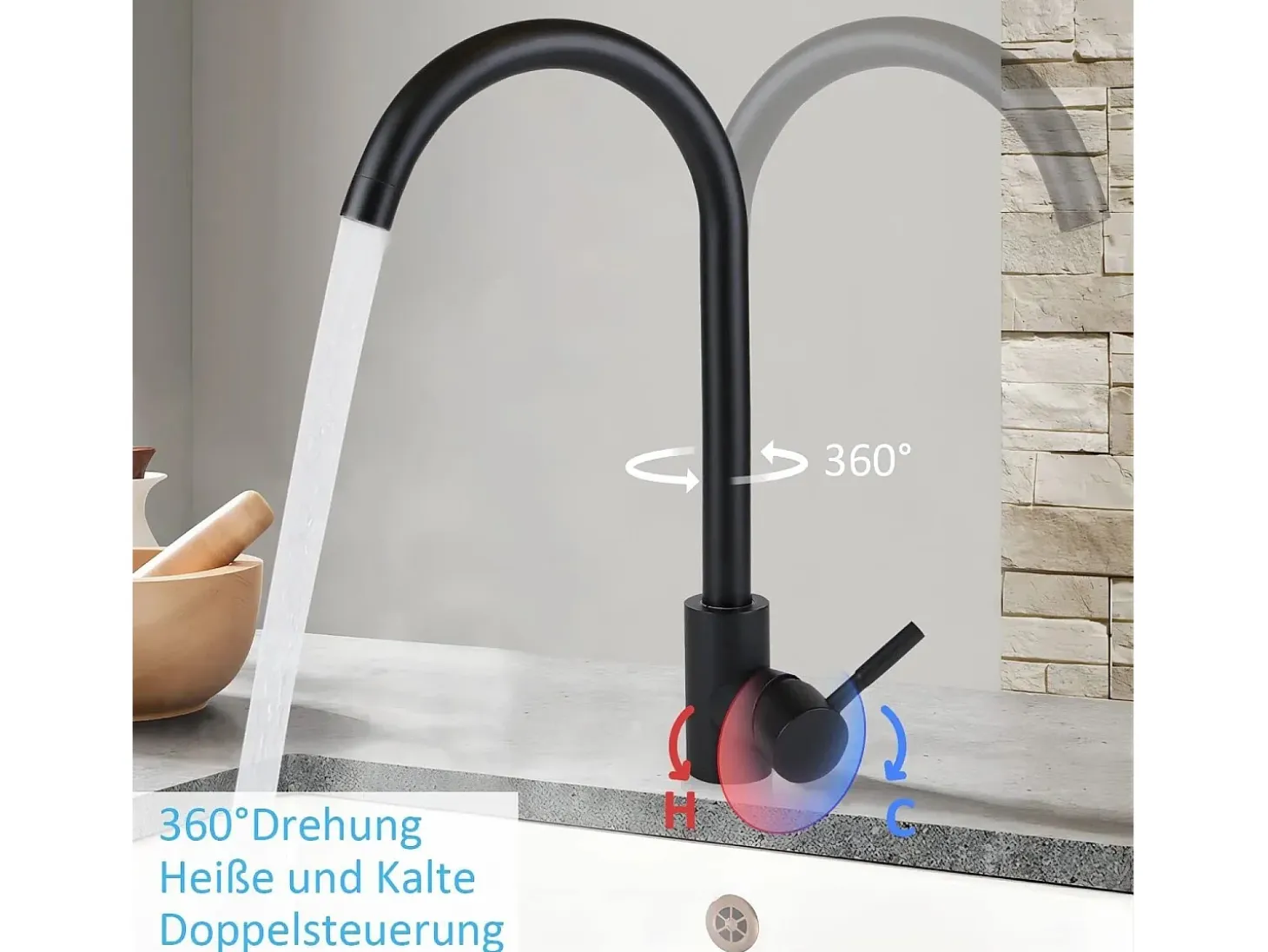 NETTLIFE Grifo de cocina Grifo de alta presión Grifo de fregadero de cocina de acero inoxidable giratorio 360°