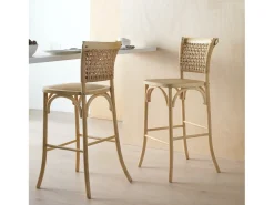 pack 2 taburetes madera de olmo con asiento y respaldo trenzado