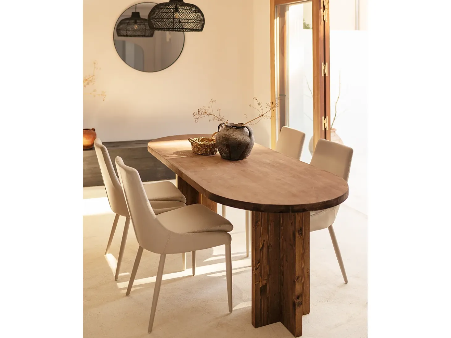 Pack de mesa de comedor de 200x85cm y banco de 160x45cm de madera maciza de abeto Decowood en tono nogal - TOKYO - DECOWOOD