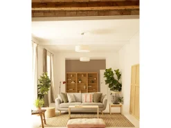 Pack mesa de comedor de 120x75cm y 4 taburetes de 50x45cm rectangulares de madera de abeto maciza Decowood en tono natural - TELVA - DECOWOOD