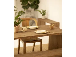 Pack mesa de comedor de 160x75cm y banco de 145x45cm rectangulares de madera de abeto maciza Decowood en tono roble oscuro - TELVA - DECOWOOD