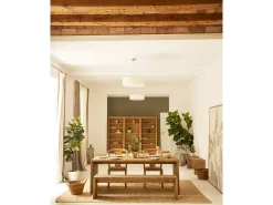 Pack mesa de comedor de 160x75cm y banco de 145x45cm rectangulares de madera de abeto maciza Decowood en tono roble oscuro - TELVA - DECOWOOD