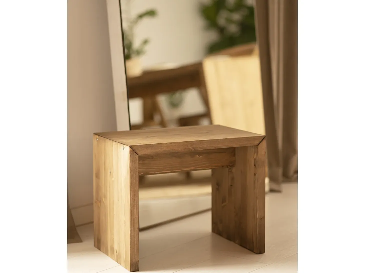 Pack mesa de comedor de 120x75cm y 4 taburetes de 50x45cm rectangulares de madera de abeto maciza Decowood en tono roble oscuro - TELVA - DECOWOOD