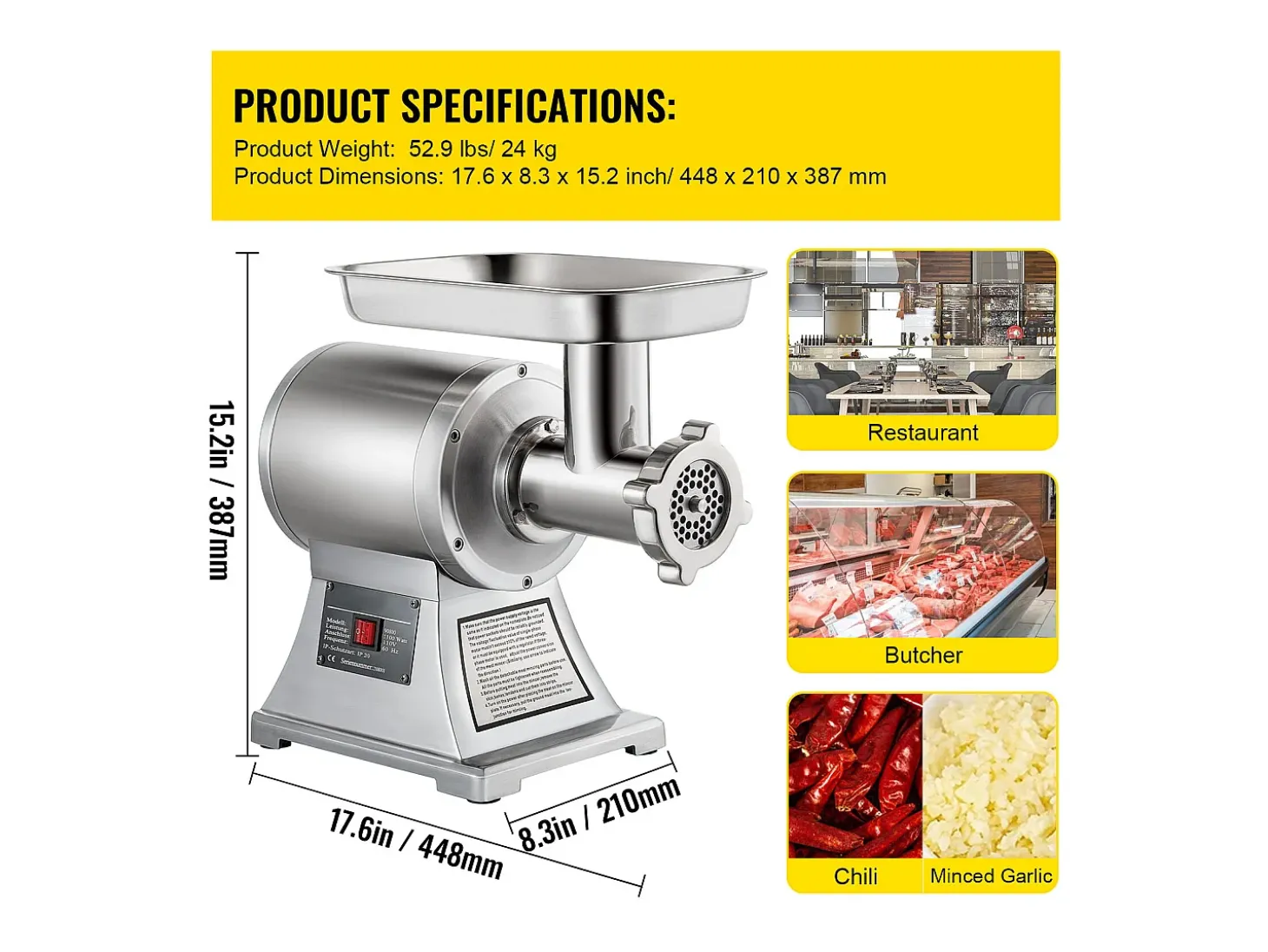 Picadora de Carne SucceBuy Comercial 1100W, Acero Inoxidable, Capacidad 204KG, Placa de Cuchilla de Corte, Rellenador de Salchichas
