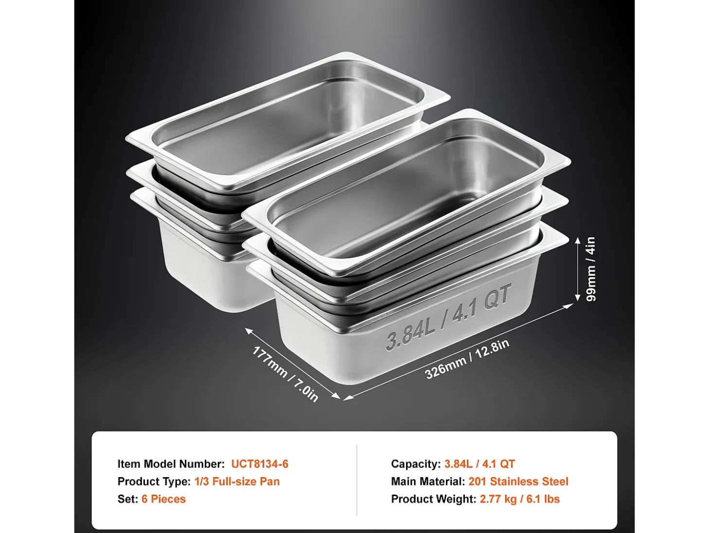 Plato Plano SucceBuy Lote de 6 Cacerolas de Hotel de Tamaño 1/3, Cacerola Profunda en Acero Inoxidable de 10.2CM para Mesa de Vapor