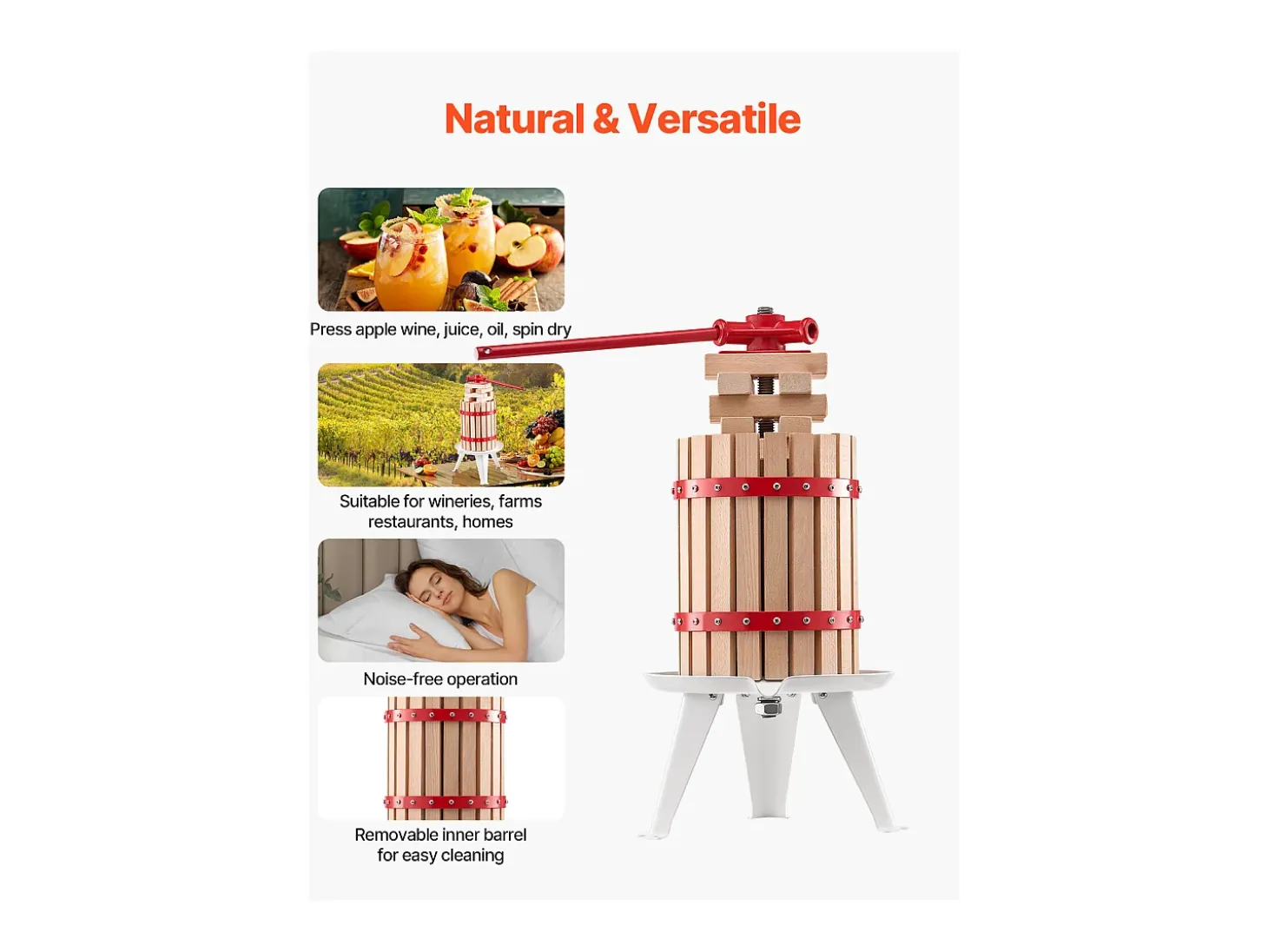 Prensa de Frutas Manual SucceBuy, para la Fabricación del Vino, 6 L Cesta de Madera, con dos Bolsas Filtrantes Aptas para Uso Alimentario