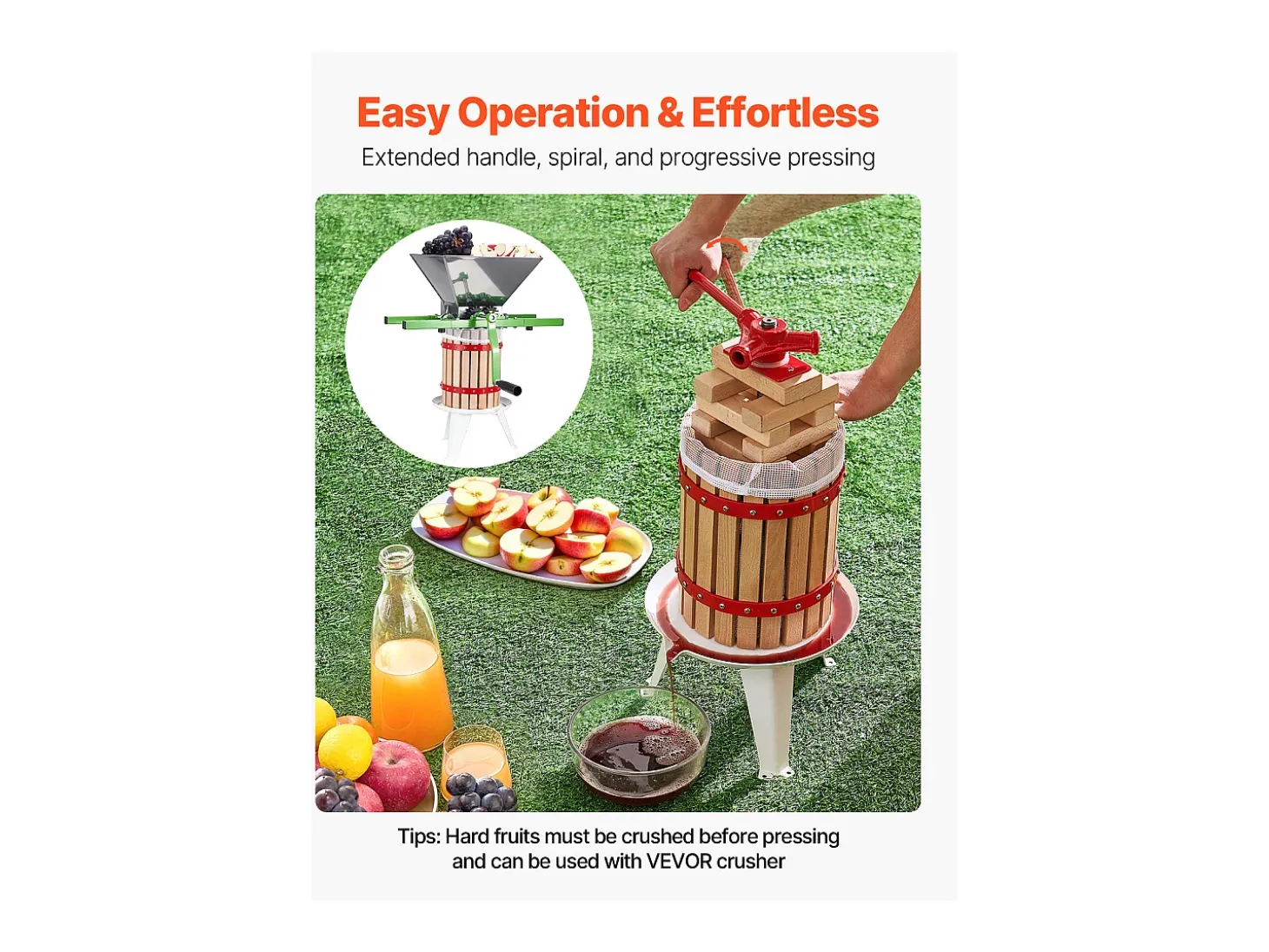 Prensa de Frutas Manual SucceBuy, para la Fabricación del Vino, 6 L Cesta de Madera, con dos Bolsas Filtrantes Aptas para Uso Alimentario
