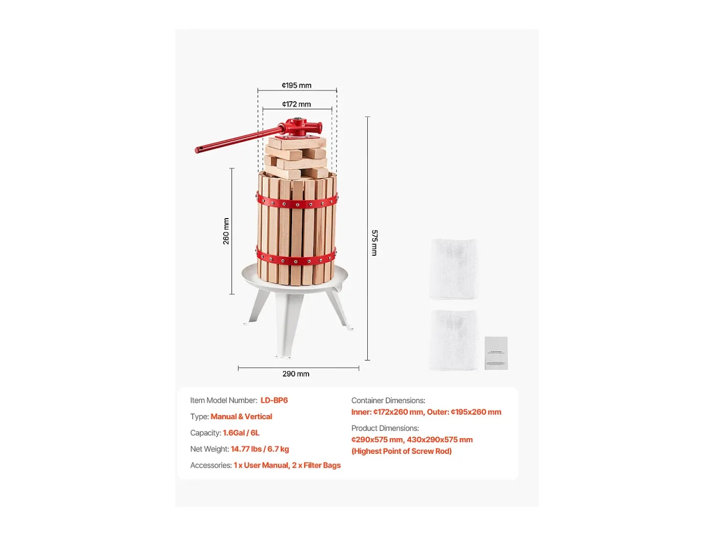 Prensa de Frutas Manual SucceBuy, para la Fabricación del Vino, 6 L Cesta de Madera, con dos Bolsas Filtrantes Aptas para Uso Alimentario